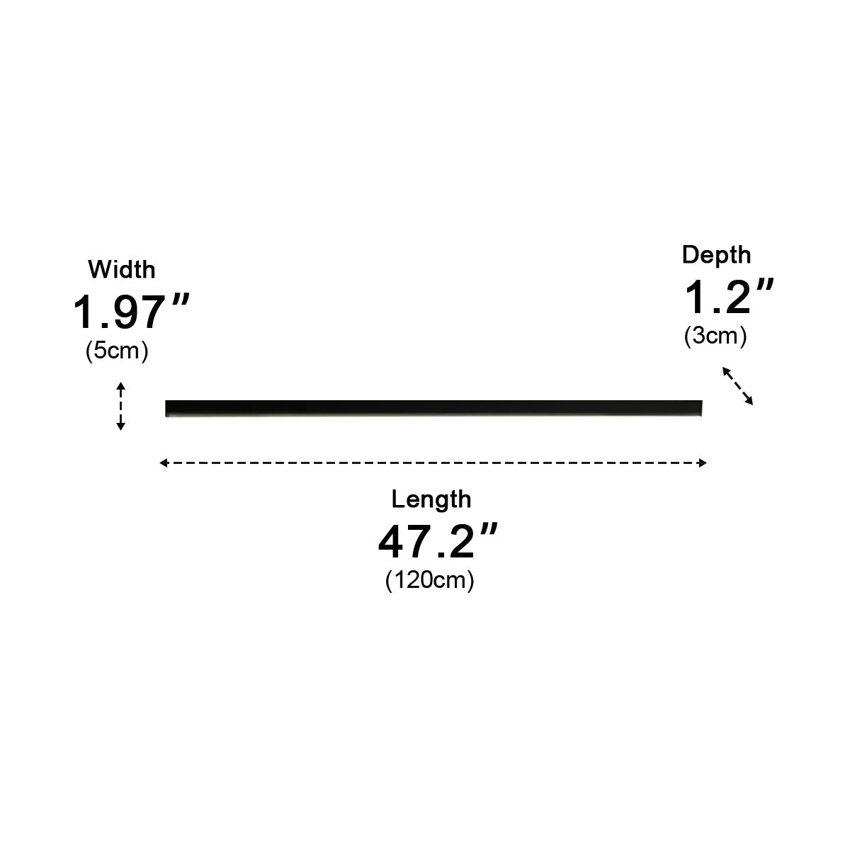 Sizing diagram of the linear ceiling light, printed measurements reading width 1.97 inches / 5cm, depth 1.2 inches / 3cm and length 47.2 inches / 120cm.