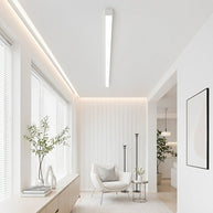 Slim linear LED ceiling light with a white body, fitted across a ceiling in a bright sitting room.