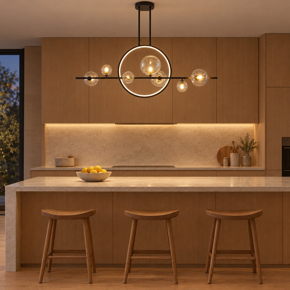 Noctelle Seven Light Glass Bubble Chandelier, lit above a stone kitchen island in the evening