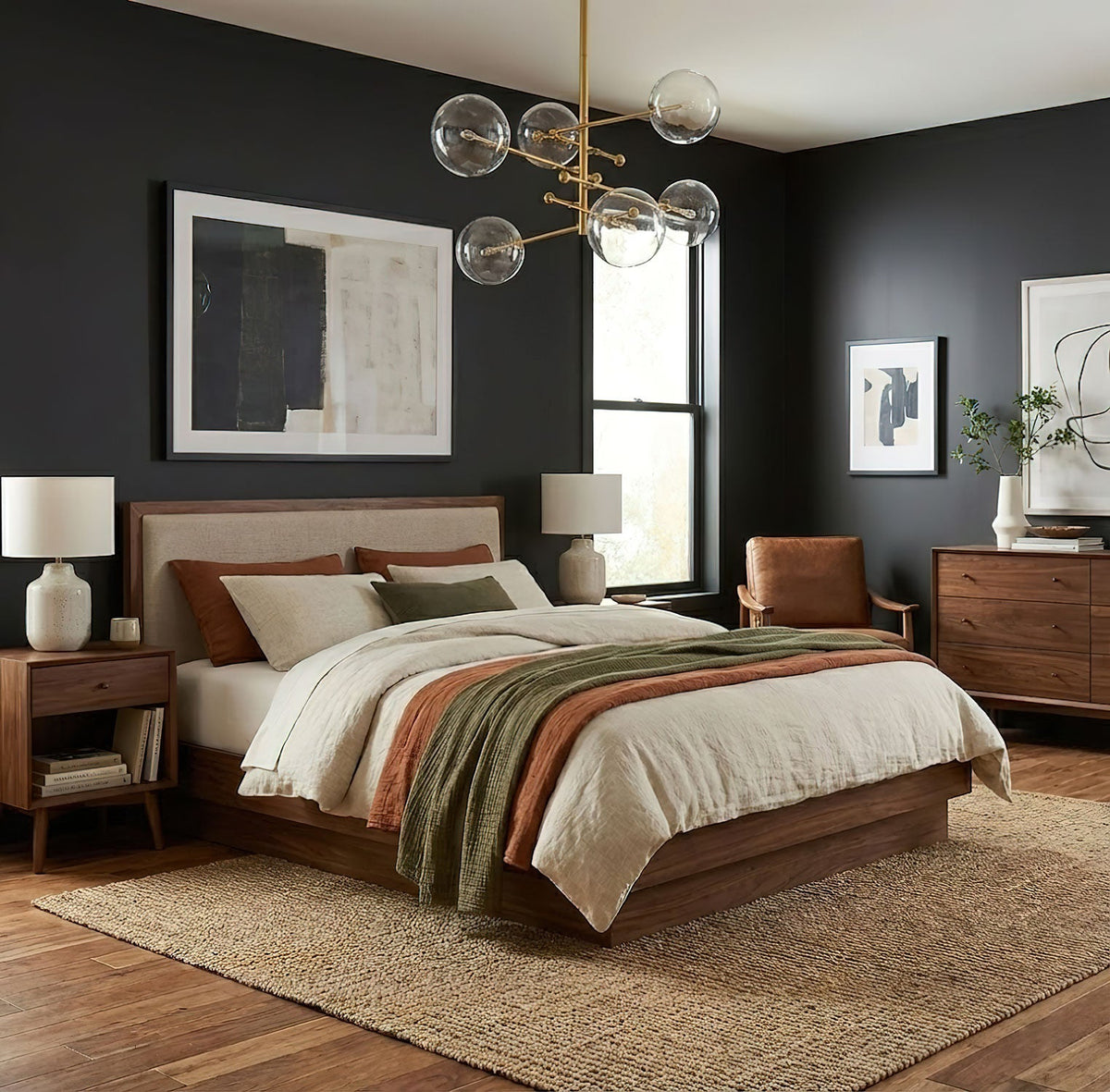 Orbelle Mobile Chandelier in gold with clear glass globes, unlit, in a bedroom with dark walls