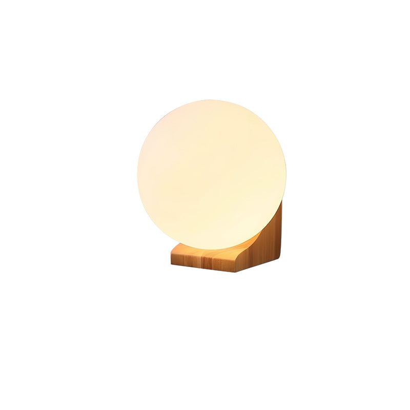 Orbivel Wood Orb Wall Lamp, Wood color base and white globe, lit, white cut-out