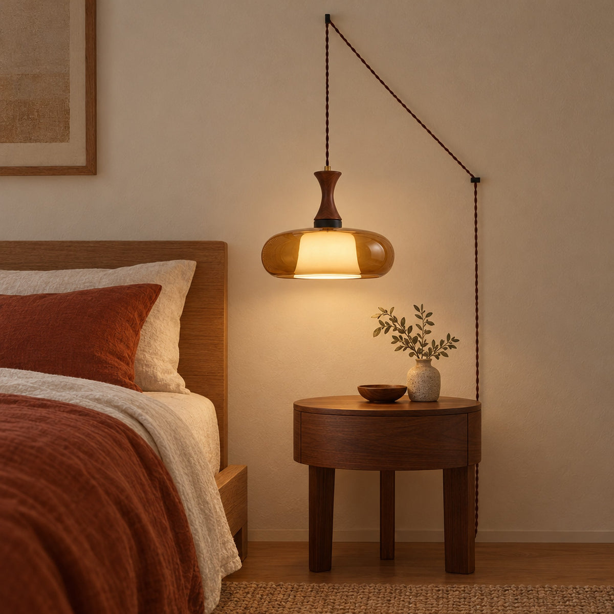 Orlena Antique Brown Glass Plug-In Pendant, plugged in and hung over a bedside table, lit in the evening