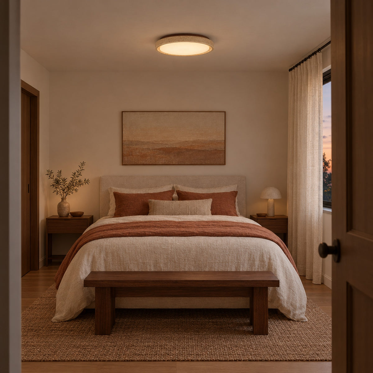 Pietra Walnut Travertine Ceiling Light, lit on a bedroom ceiling at dusk