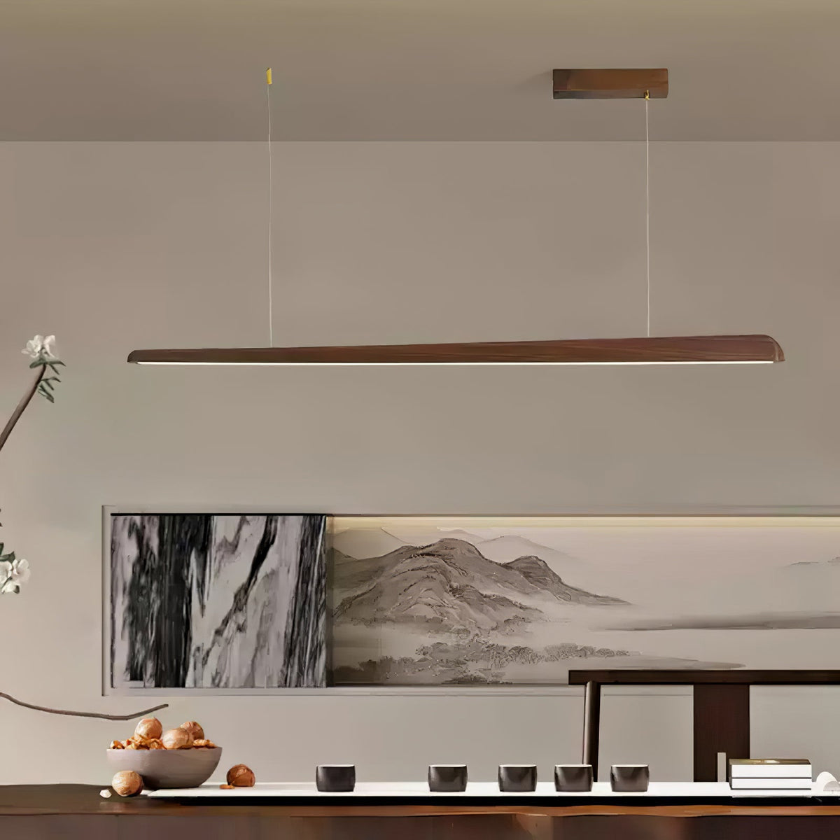 Rulenne Linear Wood Pendant Light, Walnut bar over tea table, landscape panel