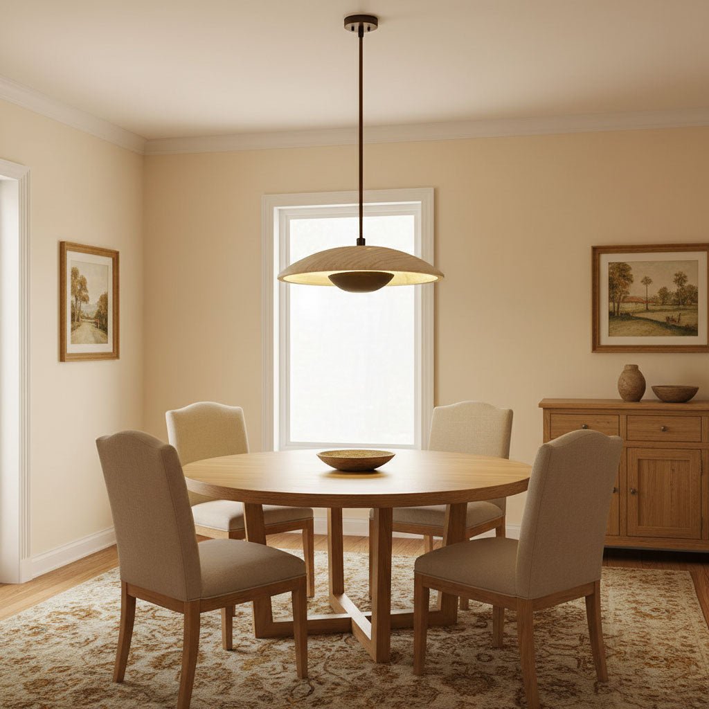 Solvera Travertine & Wood Pendant Light with a tan travertine shade and walnut-color wood center cap, lit, above a round dining table