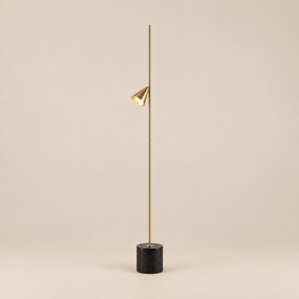 Soreluna floor lamp, brass pole with cone spotlight and black marble base
