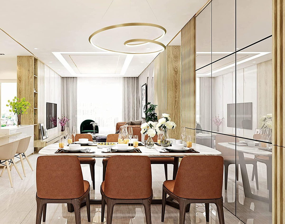 Spirelle Spiral LED Chandelier, Gold spiral over dining table, rendered interior