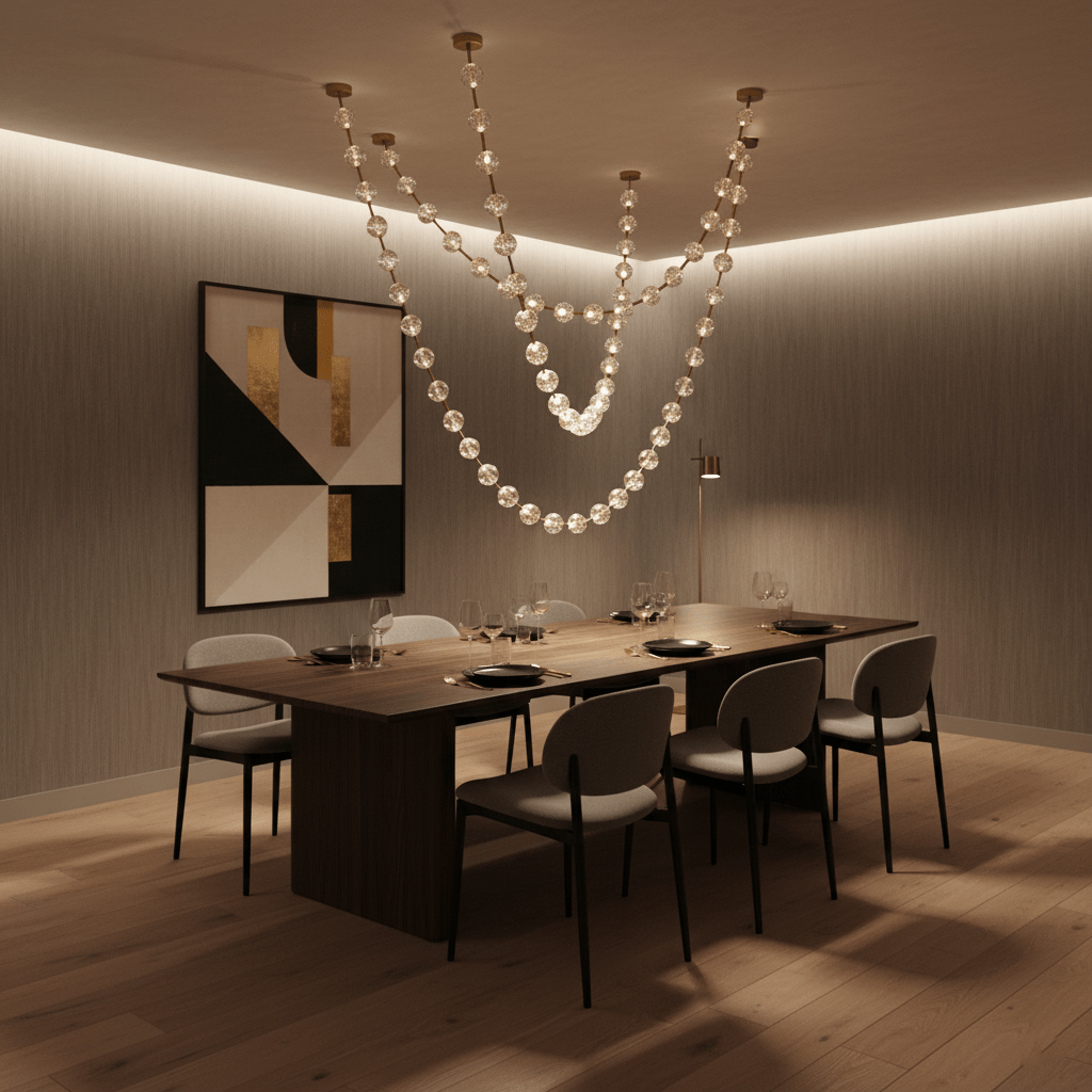 Strandelle Beaded Strand Chandelier, Clear strands lit over dining table