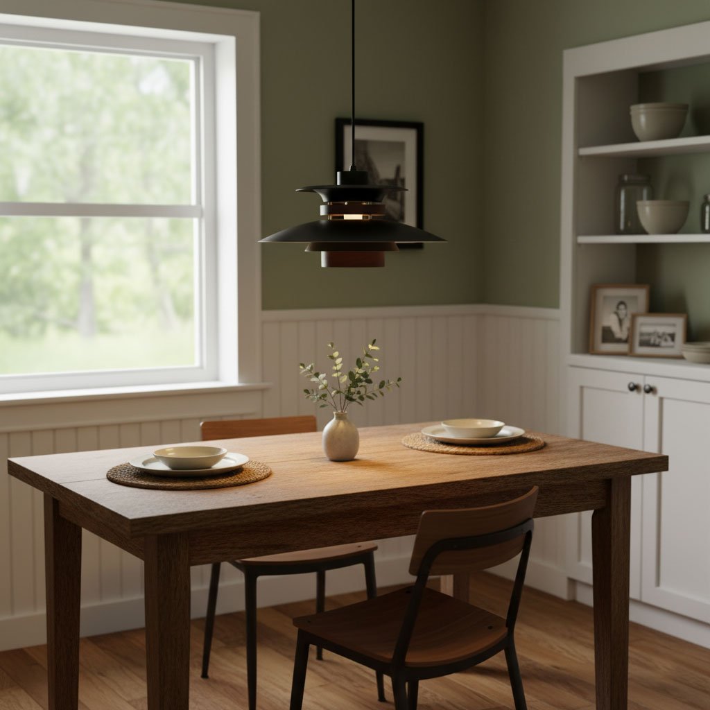 Stratova Layered Wood Pendant Light, Black pendant over dining table, sage walls