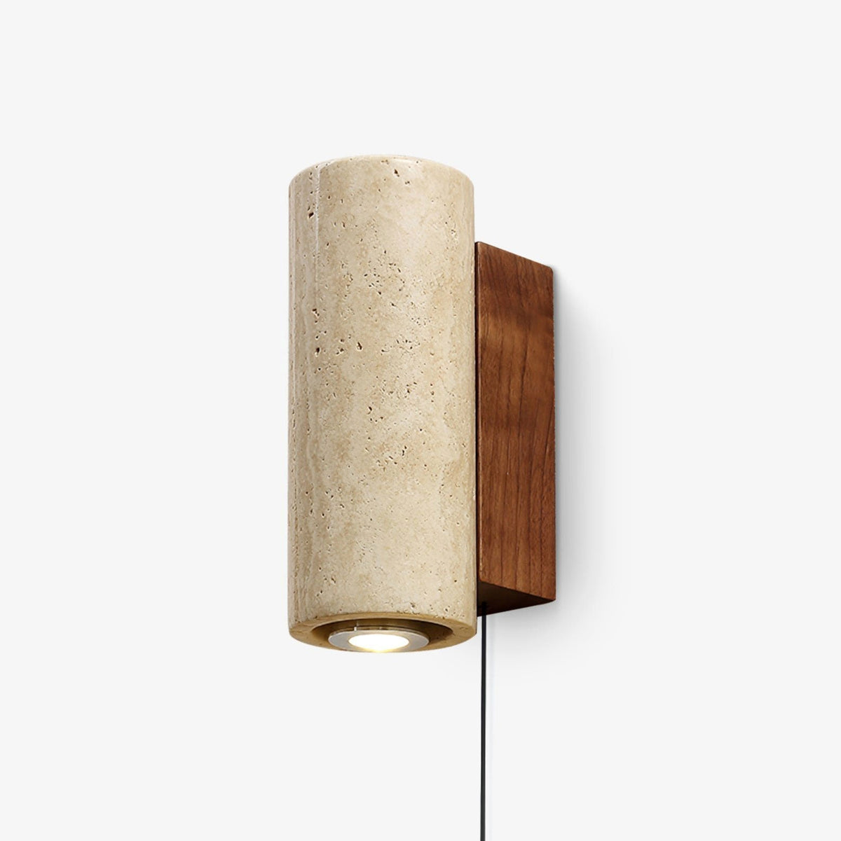 Travenne Plug-In Travertine Wall Sconce, Model A cylinder travertine and walnut plate, lit, plug cord, near-white background