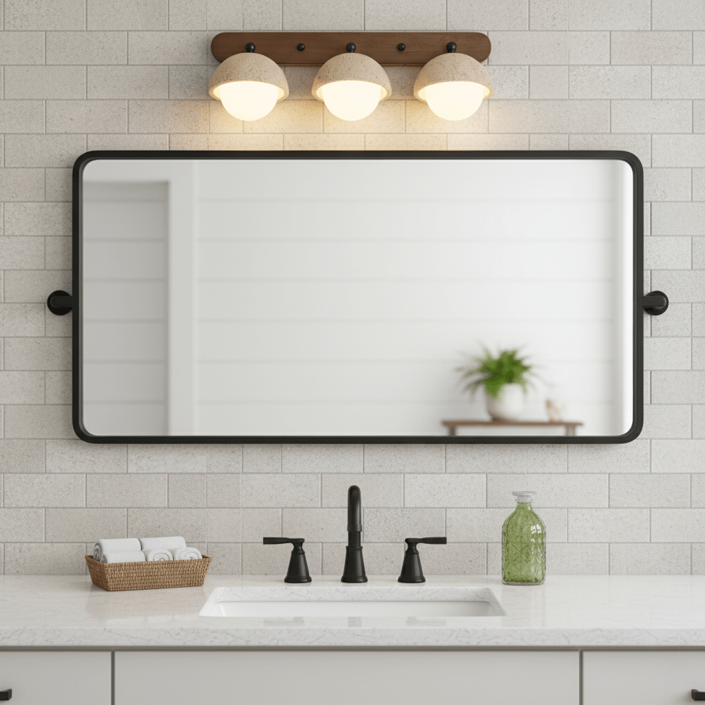 Travissa Travertine Wall Sconce, 3-light over black-framed mirror, tiled bathroom