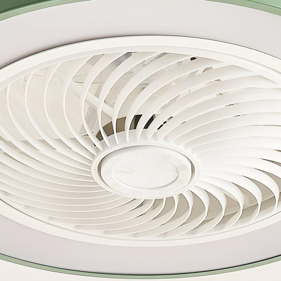 Close view up into the fan, showing the enclosed blade cage inside a green rim.
