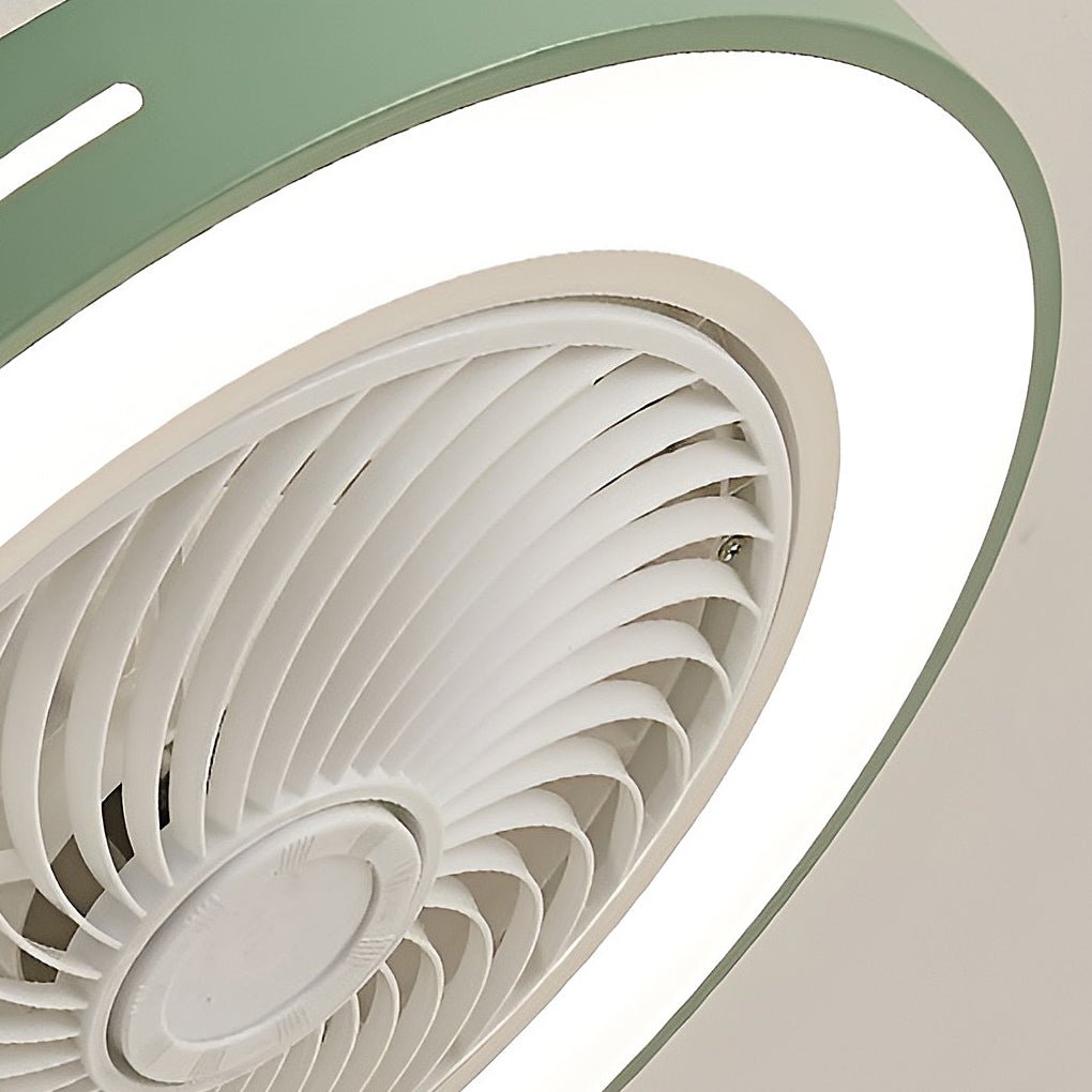Angled close view of the fan showing the enclosed blades and a green outer rim.