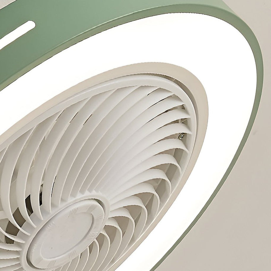 Angled close view of the fan showing the enclosed blades and a green outer rim.