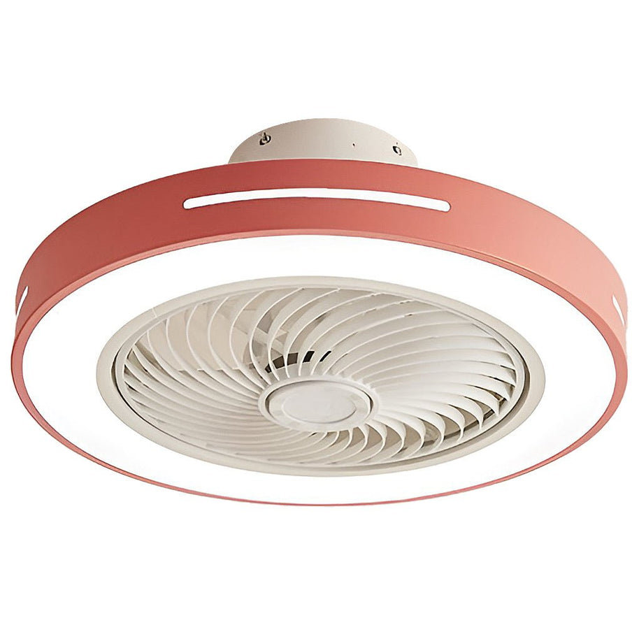 Ceiling fan with a pink rim, light lit, shown at an angle against a plain background.
