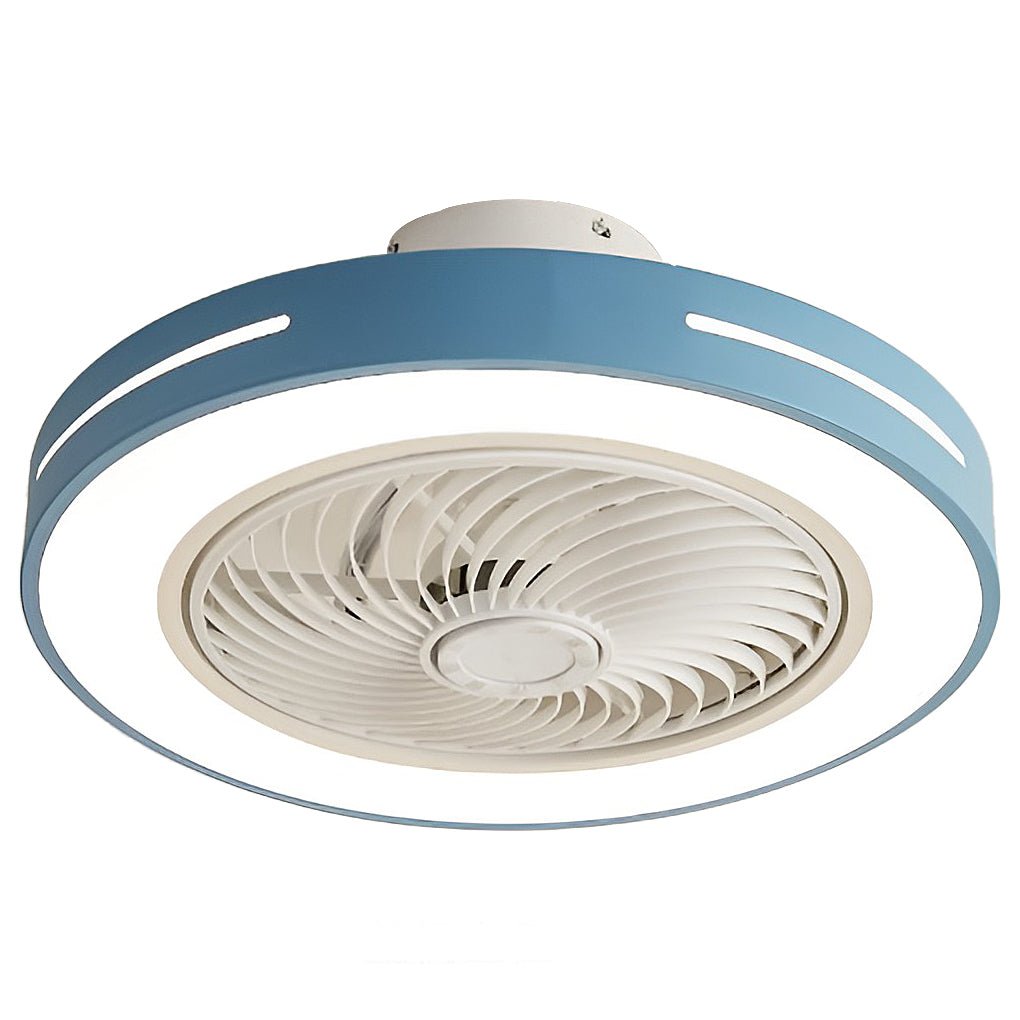 Ceiling fan with a blue rim, light lit, shown at an angle against a plain background.