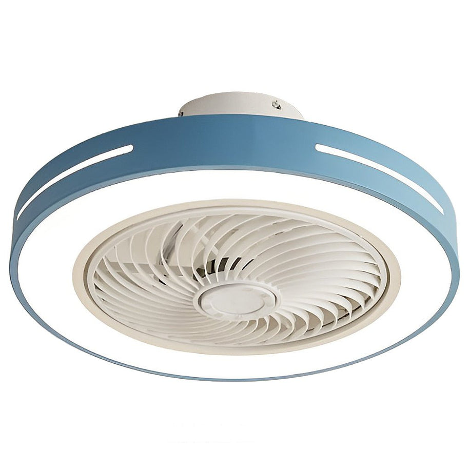 Ceiling fan with a blue rim, light lit, shown at an angle against a plain background.