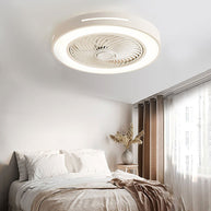 Flush-mount ceiling fan with an enclosed blade cage and a lit ring, white outer rim, fitted to a bedroom ceiling above a bed.