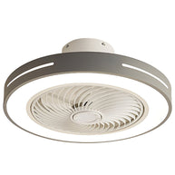 Ceiling fan with a grey rim, light lit, shown at an angle against a plain background.