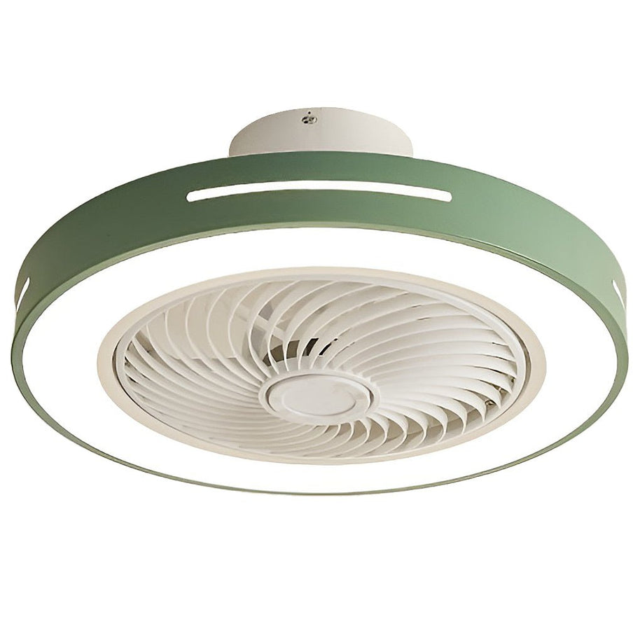 Ceiling fan with a green rim, light lit, shown at an angle against a plain background.