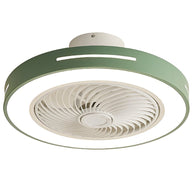 Ceiling fan with a green rim, light lit, shown at an angle against a plain background.