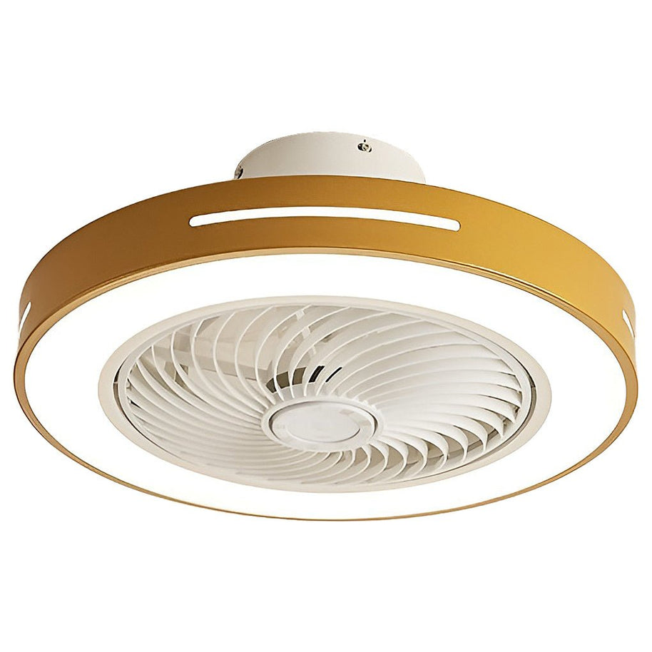 Ceiling fan with a gold rim, light lit, shown at an angle against a plain background.