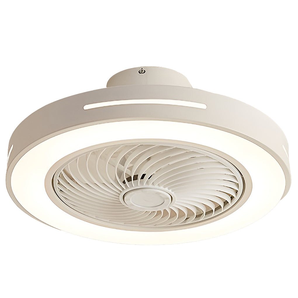 Ceiling fan with a white rim, light lit, shown at an angle against a plain background.
