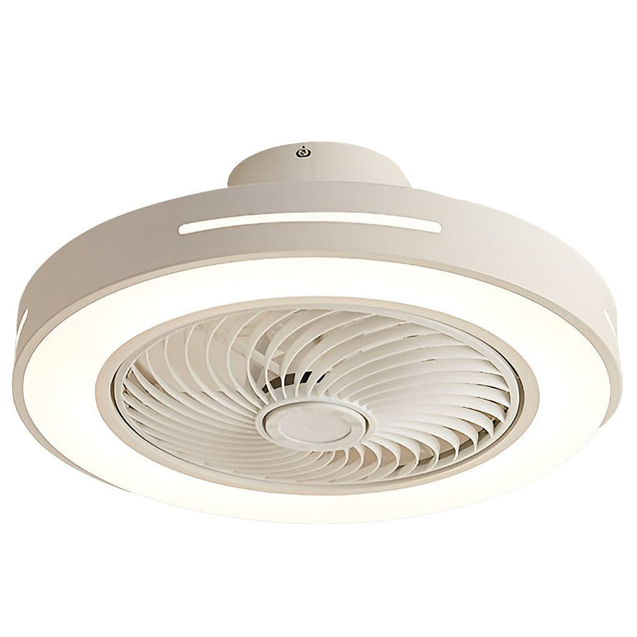Ceiling fan with a white rim, light lit, shown at an angle against a plain background.