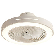 Ceiling fan with a white rim, light lit, shown at an angle against a plain background.