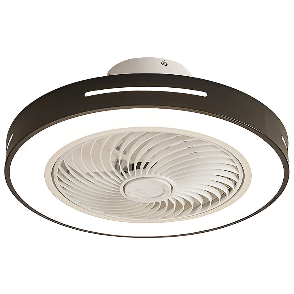 Ceiling fan with a black rim, light lit, shown at an angle against a plain background.