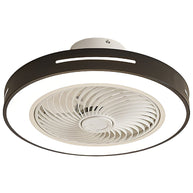 Ceiling fan with a black rim, light lit, shown at an angle against a plain background.