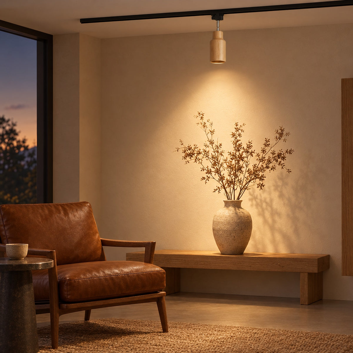 Wood Track Ceiling Lamp, one head on a ceiling track lighting a reading corner