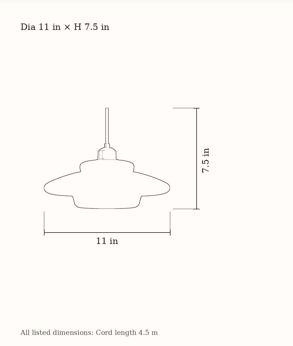 Scale drawing of Elowen Mid Century Plug-in Milk White Glass Pendant Light with its listed dimensions.