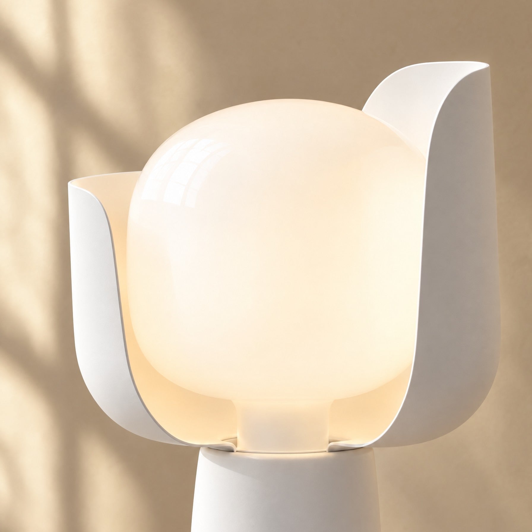 Pethella Table Lamp in White, close-up of the petal blades and opal diffuser